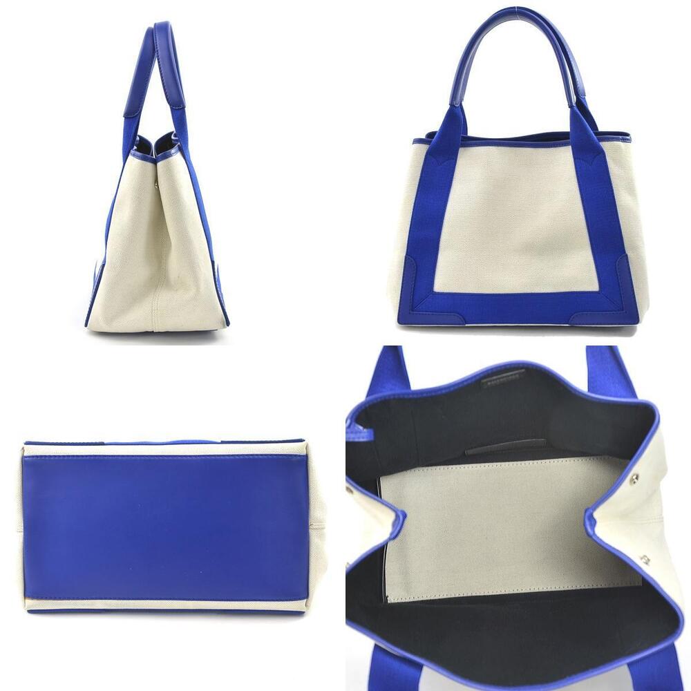 Balenciaga Navy Blue Cabas Shoulder Tote Bag Canvas Leather Beige Tan Blue - Picture 3 of 4